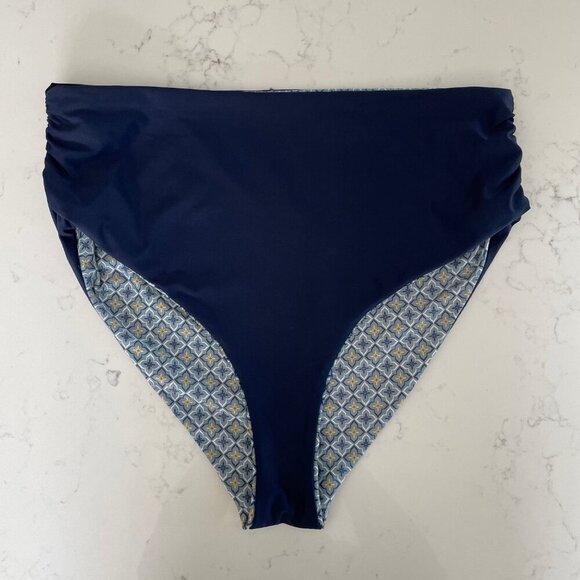 Reversible Print/Solid Hi Waist Bikini Bottoms Grey Blue Yellow Sz S/M no tags - Picture 5 of 7